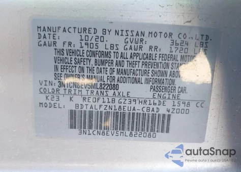 2021 Nissan Versa Sv Xtronic Cvt z USA, uszkodzony, nr VIN 3N1CN8EV5ML822080